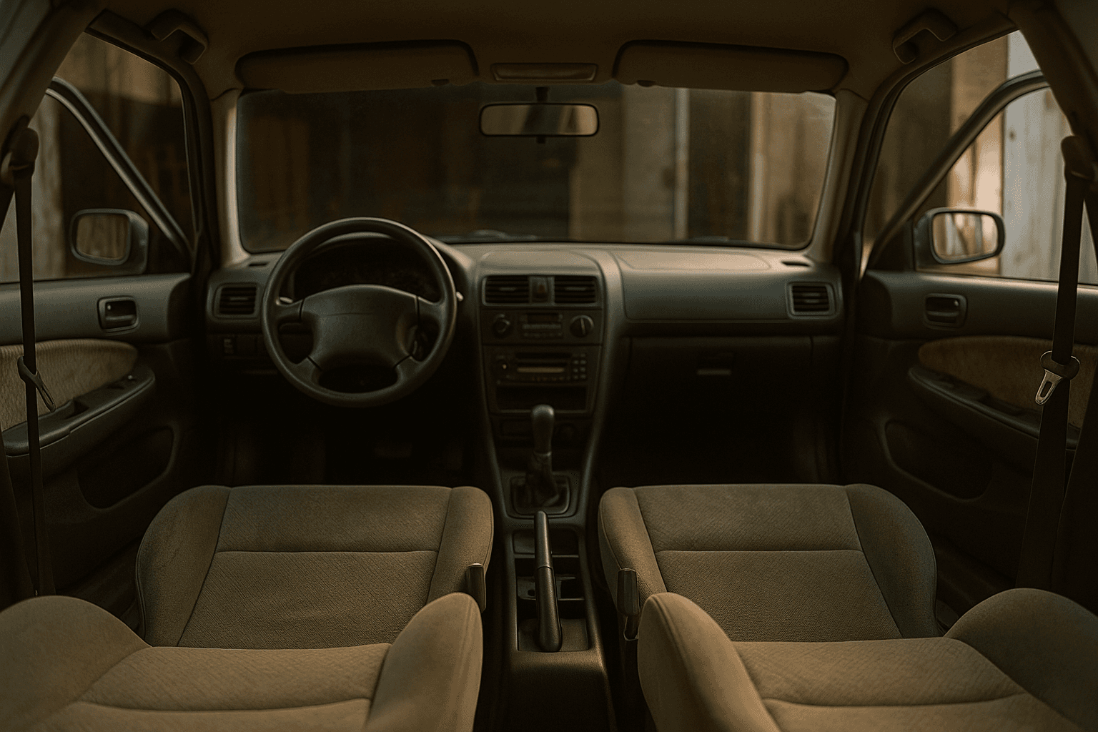 O interior de um carro vazio visto dos bancos de trás, portas abertas para uma oficina escura, estofos gastos