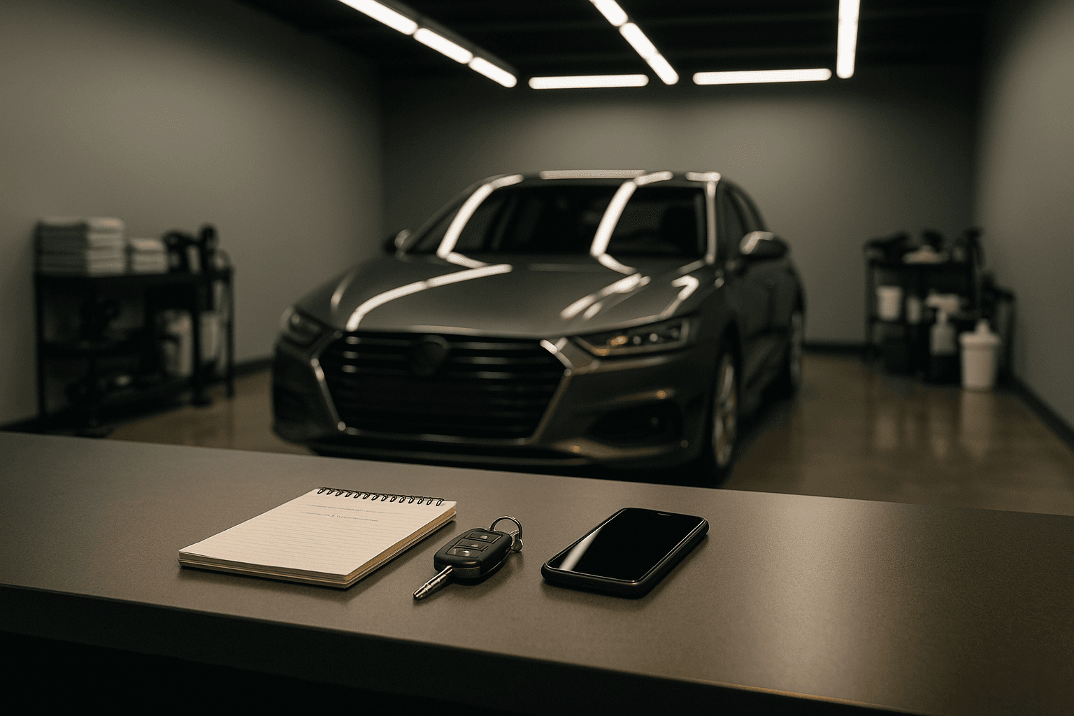 O balcão de um estúdio de detailing ao fim da tarde: um bloco de notas com duas linhas escritas, as chaves de um carro e um telemóvel. Ao fundo, desfocado, um carro na oficina.